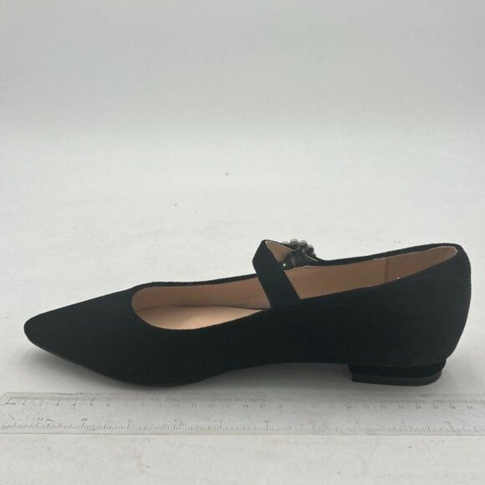 XYD Black Pointed Toe Velvet Flats Pearl Strap Beaded Mary Janes Stylish Shoes - Picture 2 of 8